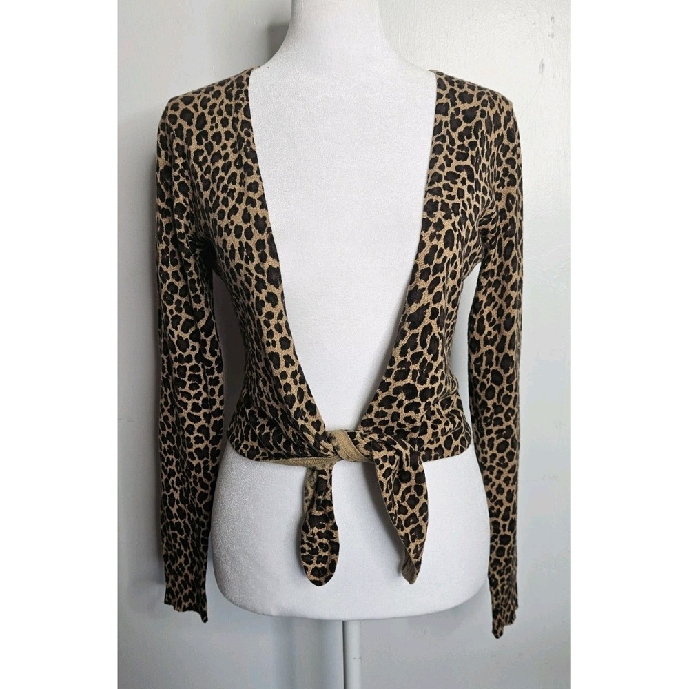 Y2K Express Leopard Print Wool Cardigan Sweater Long Sleeve Black Tan Sz S